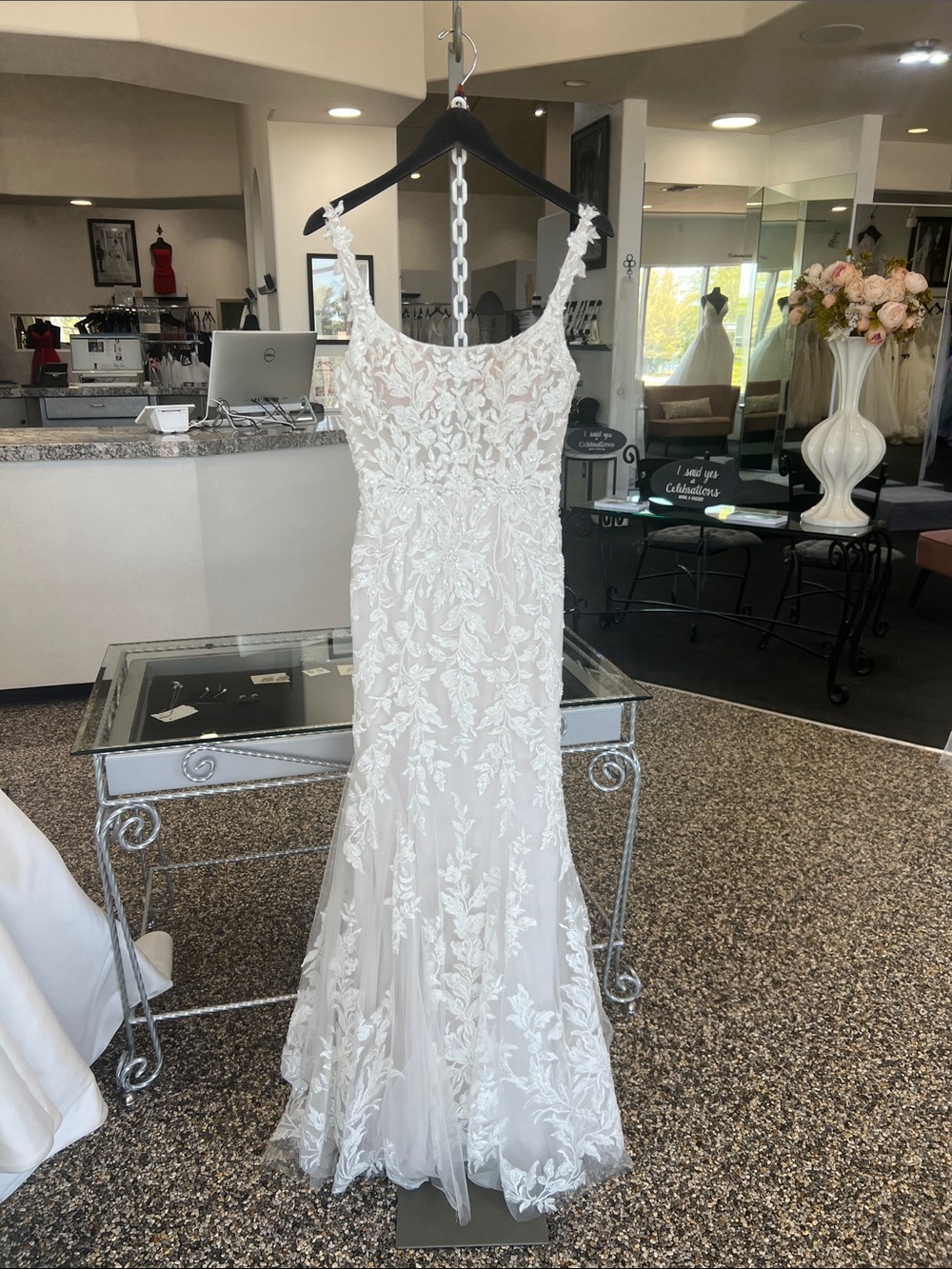 Mori Lee Lace Sheath Wedding Gown with Floral Embroidery